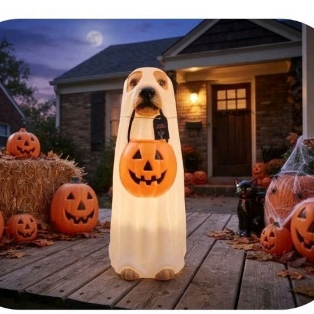 LED Light-Up Ghost Dog Halloween Decor 23.2" Golden Retriever Pumpkin Treat Buck